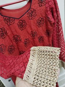 Pakistani Red Cotton Embroidered Kurta