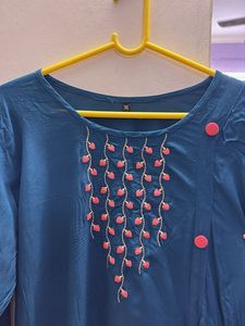 Teal Tunic Dress with Floral Embroidery