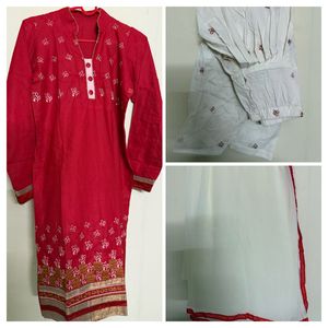 🆕 Red Embroidered Kurti Set