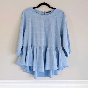 Blue Checkered Peplum Top