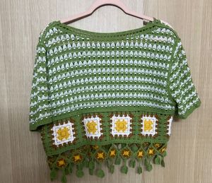 Green Crochet Boho Top with Sunflower Accents