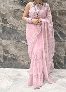Elegant Pink Lace Saree+ blouse+ peticot
