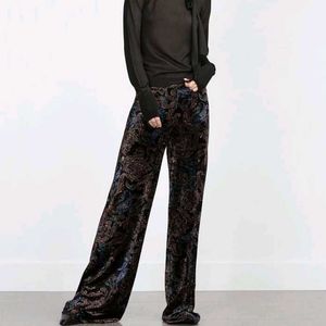 Zara Green Velvet Floral Print Pants