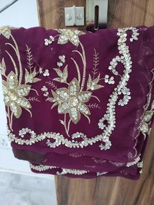 Heavy Wine Zari Work Saree With Blouse