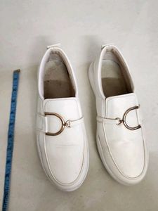 White Leather Loafers with Golden Buckle
