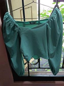 Casual Bishop Sleeve Solid Women Sea Blue Top