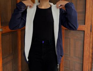 Navy Blue Hooded Zipper Fur Jacket