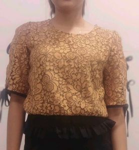 Elegant Lace Tie-Sleeve Top – Golden Beige