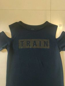 Navy Blue Cold-Shoulder T-Shirt with &#34;TRAIN&#34; Print