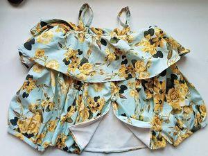 Blue Off Shoulder Crop Top With Yellow Floral Prin