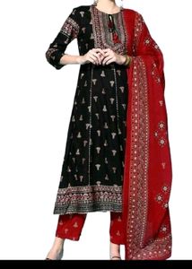 Black And Red Anarkali Suit Set In Pure Cotton