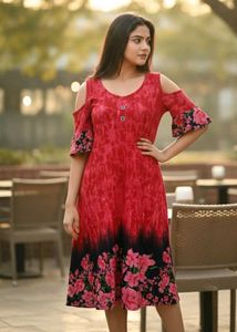 Beautiful Red Floral Crep Knee Length Dress