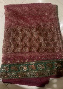 Wine Purple Embroidered Net Saree