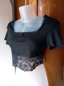 Black Lace Trim Crop Top