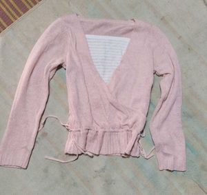 Pink Wrap-Front Long Sleeve Top