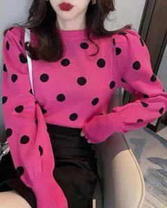 Woolen Pink Polka Dot Puff Sleeve Top