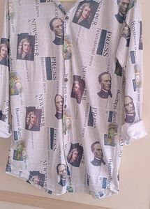 White Colour Newspaper Printed Shirt