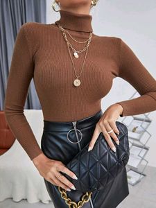 Brown Turtleneck Ribbed Top
