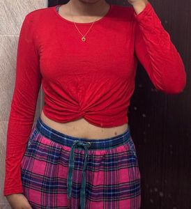 Red Full Sleeve CropTop With Cross Detail In Front