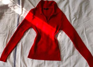 Red Ribbed Knit Polo Top