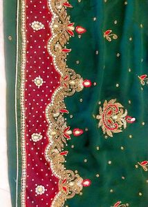 Bridal Zari Work Stone Embroidery Green &amp; Red Sare