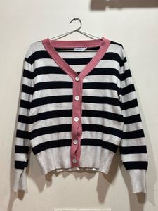 Striped Cardigan with Pink Trim