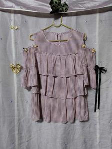 Gingham Ruffle Cold Shoulder Top
