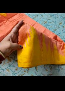 Coral Peach Saree With Yellow Contrast