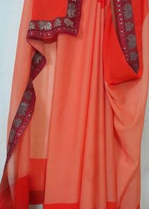 Classicate Orange Embroidered Chiffon Saree