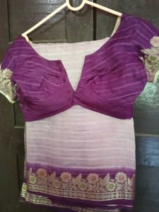 Used CreamColor With PurpleBorder TussarSilk Saree