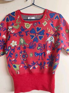 Red Floral Print Short Sleeve Sweater