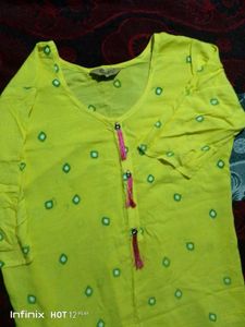 Bright Yellow Printed Kurti with Tassel Detailing