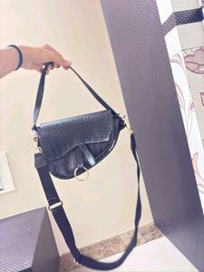 Black Croc Embossed Saddle Bag