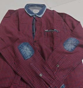 Burgundy Houndstooth Shirt with Denim Accents