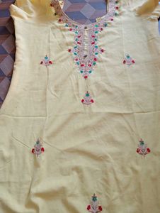 Yellow Embroidery Button Kurti