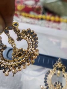 Blue &amp; Gold Chandbali Earrings