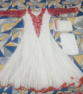 White &amp; Red Embroidered Anarkali Suit