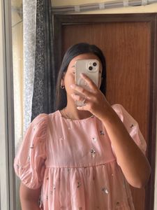 Pink Embroidered Tiered Mini Dress