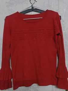 Price Drop Red  Top With Flairs Sleeves Stonework