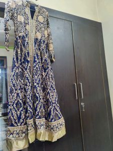 Elegant Blue &amp; Gold Anarkali Suit With Dupatta
