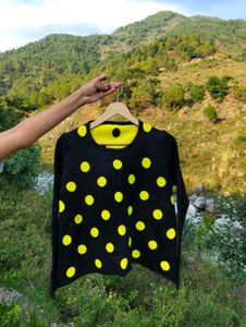 Polka Dotted Black And Yello Ribbed Top