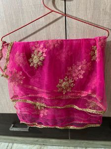 Hot Pink Net Dupatta with Gold Embroidery &amp; Lace