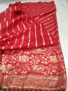 Red Saree With Stiched Blouse