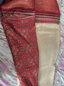 Elegant Cream &amp; Red Sari Bandhani Silk