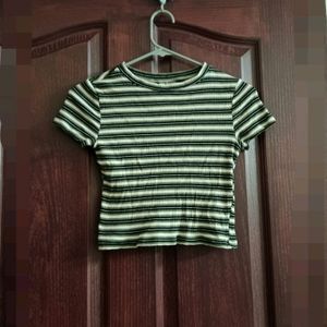 H&M Crop Top Green Black White Striped Divided