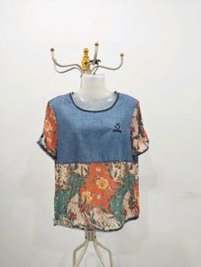 Floral Denim Patch Top