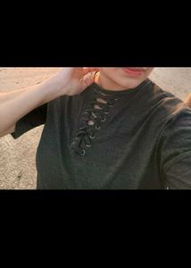 Gray Lace-Up Short Sleeve T-Shirt