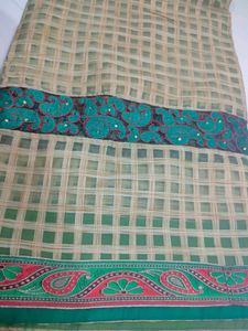 Green &amp; Gold Embellished Border Saree