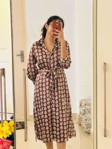 Brown Printed Shirt Dress with Waist Tie-Up
