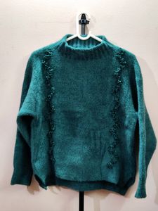 womens imported teal-color high-neck fuzzy sweater
